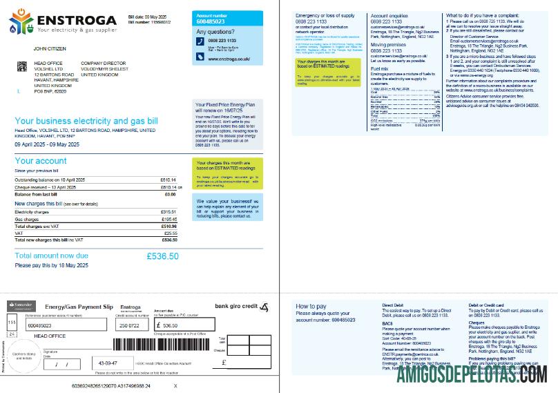 imprimível Modelo de conta de serviços públicos Enstroga do Reino Unido em formatos Word e PDF, 2 páginas